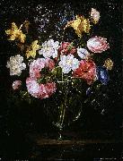 Juan de Arellano Clematis, a Tulip and other flowers in a Glass Vase on a wooden Ledge with a Butterfly Spain oil painting artist